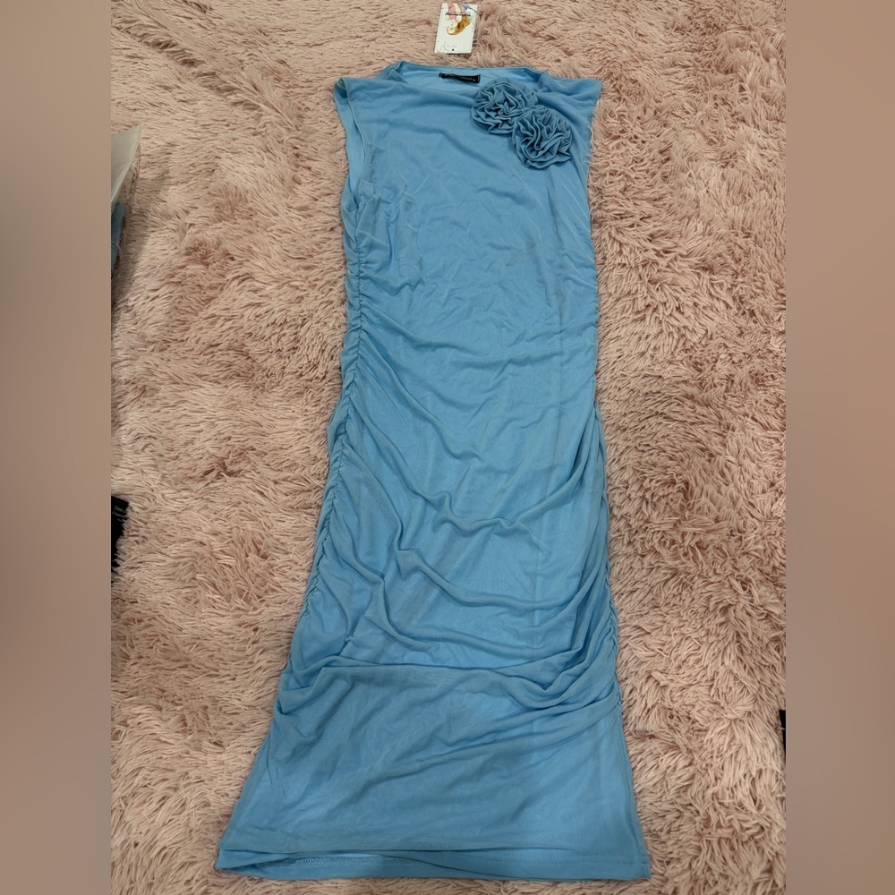 Blue One Shoulder Sleeveless Sheath Midi Dress